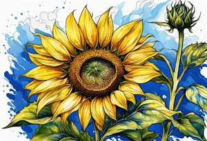 a yellow sunflower bloom with blue highlights tattoo idea