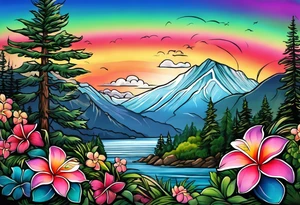 Mountain scene with rainbow sky backdrop. Must include evergreen trees, plumeria flower, Hawaiian sea turtle, and something to represent my Finnish roots tattoo idea