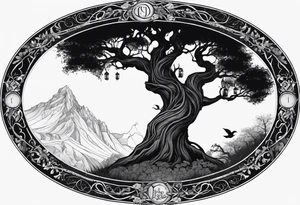 Circular lord of the rings style writing around an ancient twisted tree with flowers in the canopy tattoo idea