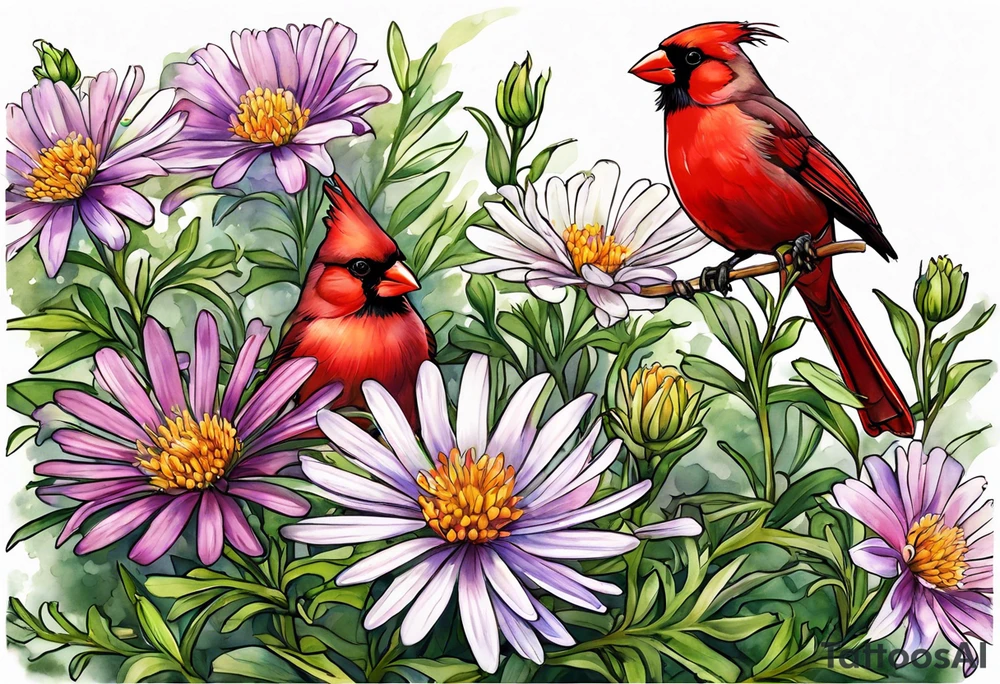 Aster flowers - sea rocket flowers with a cardinal around the words Dad tattoo idea