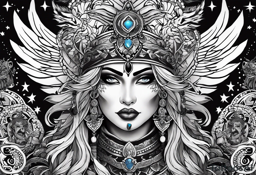 kali, goddess pirate, pachamama, valkrye, warrior, skull, lotus azul, wing, eagle, zenza resonance, stars tattoo idea