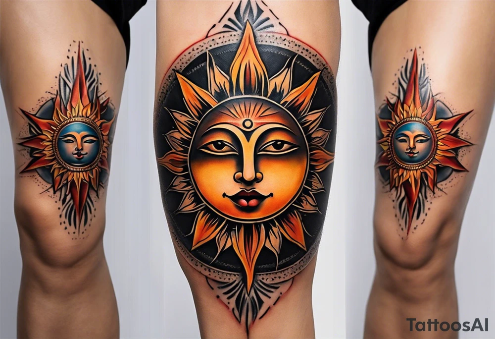 A symmetrical tattoo designed for the knee, featuring a sun with an eccentric, expressive face at the center. The sun’s rays extend sharply in a pointed, flame-like pattern, resembling heat waves, reaching downward toward the shin and upward above the knee. The design should have a dynamic and bold composition, with flowing yet angular lines that emphasize movement and symmetry. tattoo idea