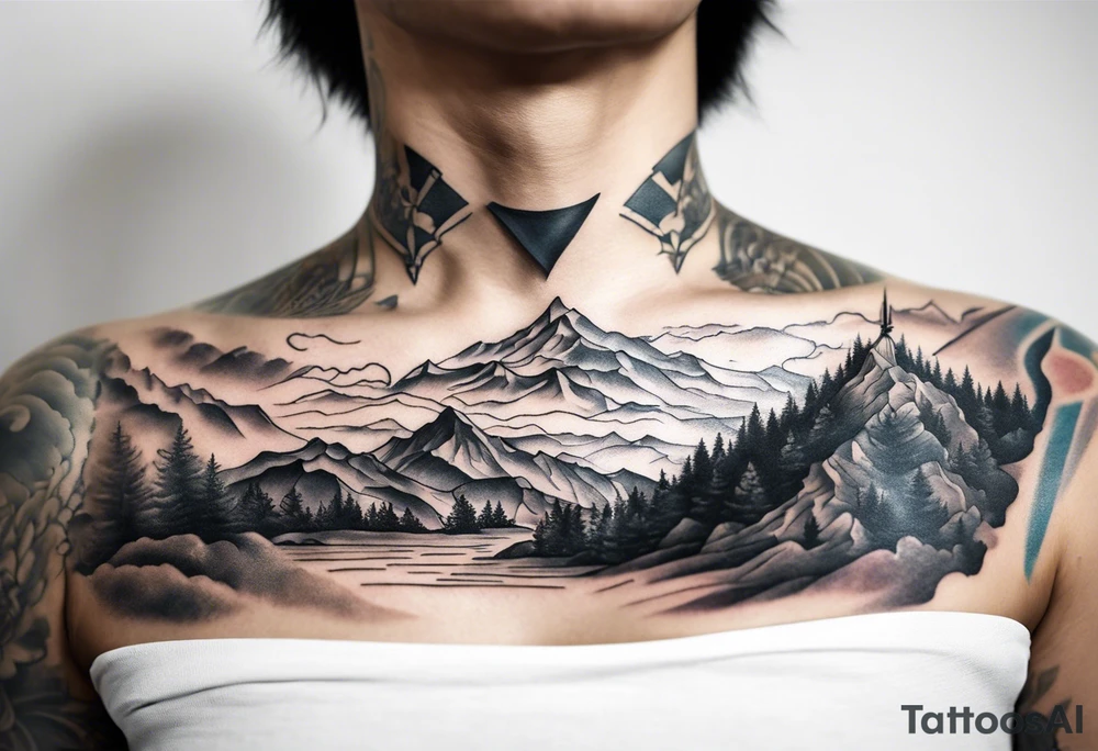Landscape front neck tattoo that's appear to be ejecting from the skin, symbolizing the freedom from censorship. tattoo idea