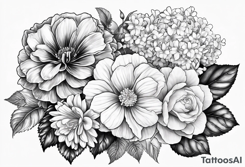 Begonia flower, hydrangeas, marigolds, gerber daisies, roses, lily tattoo idea
