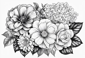 Begonia flower, hydrangeas, marigolds, gerber daisies, roses, lily tattoo idea
