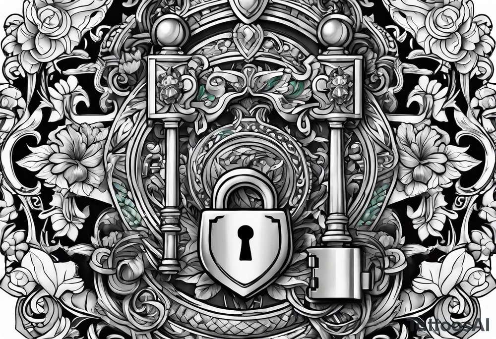 Lock and key with emerald stone tattoo idea