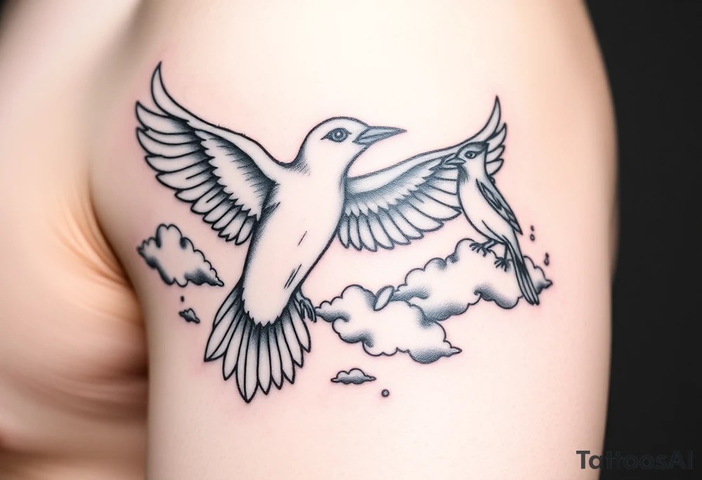 Dove and a blue jay, clouds, shining light to or from heaven tattoo idea