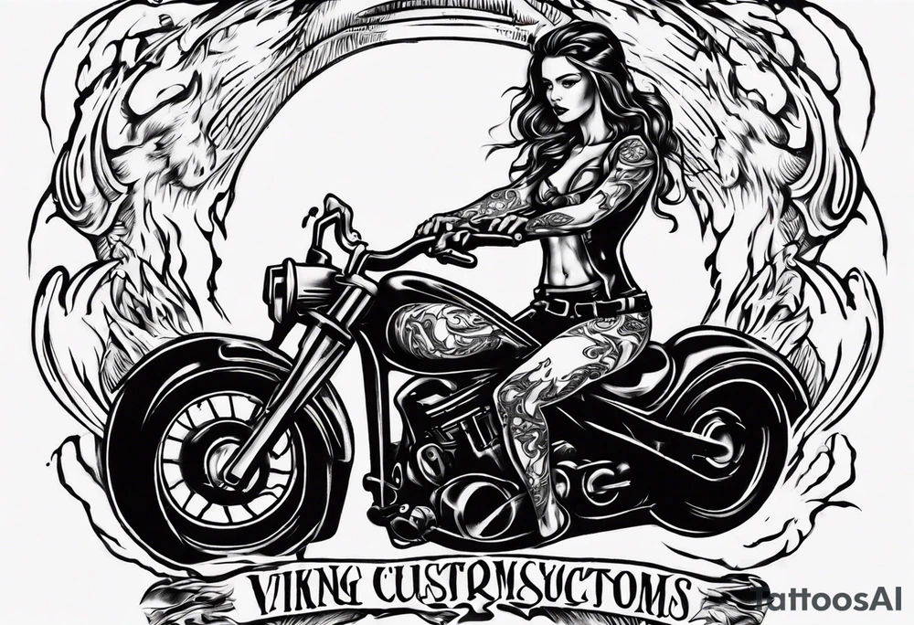 i want a tattoo of a girl riding a motorcycle with flames the words “Viking Customs” tattoo idea