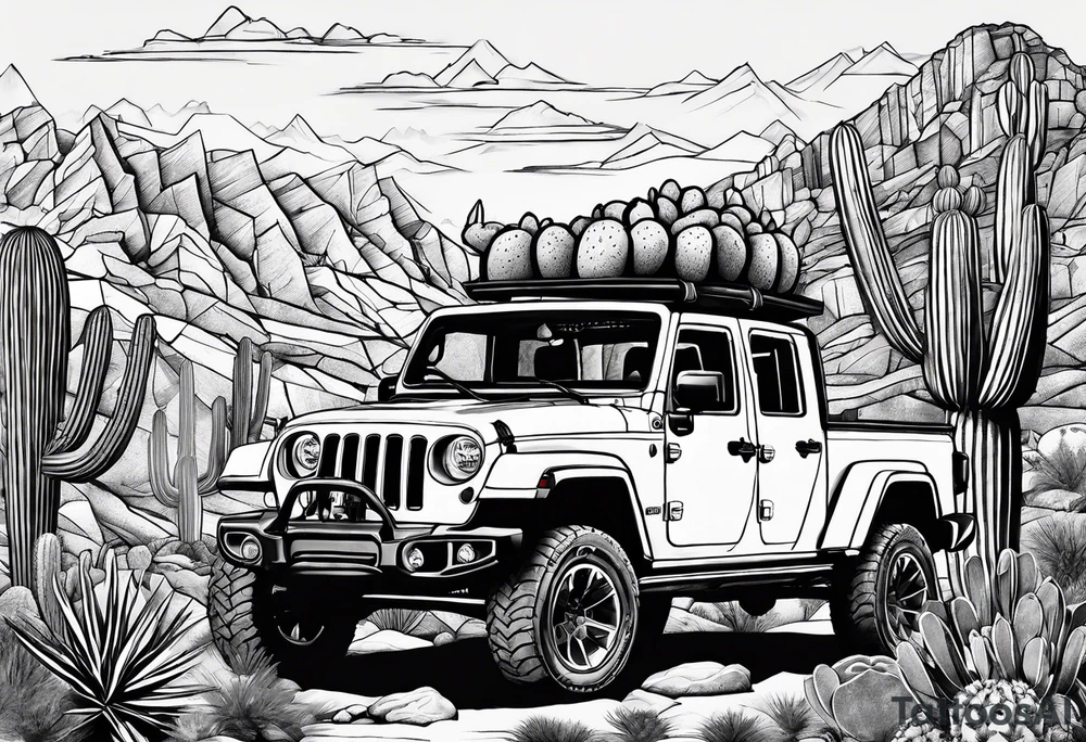 A dessert mountain with a donkey, a  jeep gladiator and cactus tattoo idea