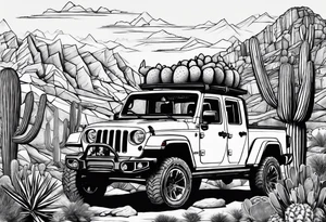 A dessert mountain with a donkey, a  jeep gladiator and cactus tattoo idea