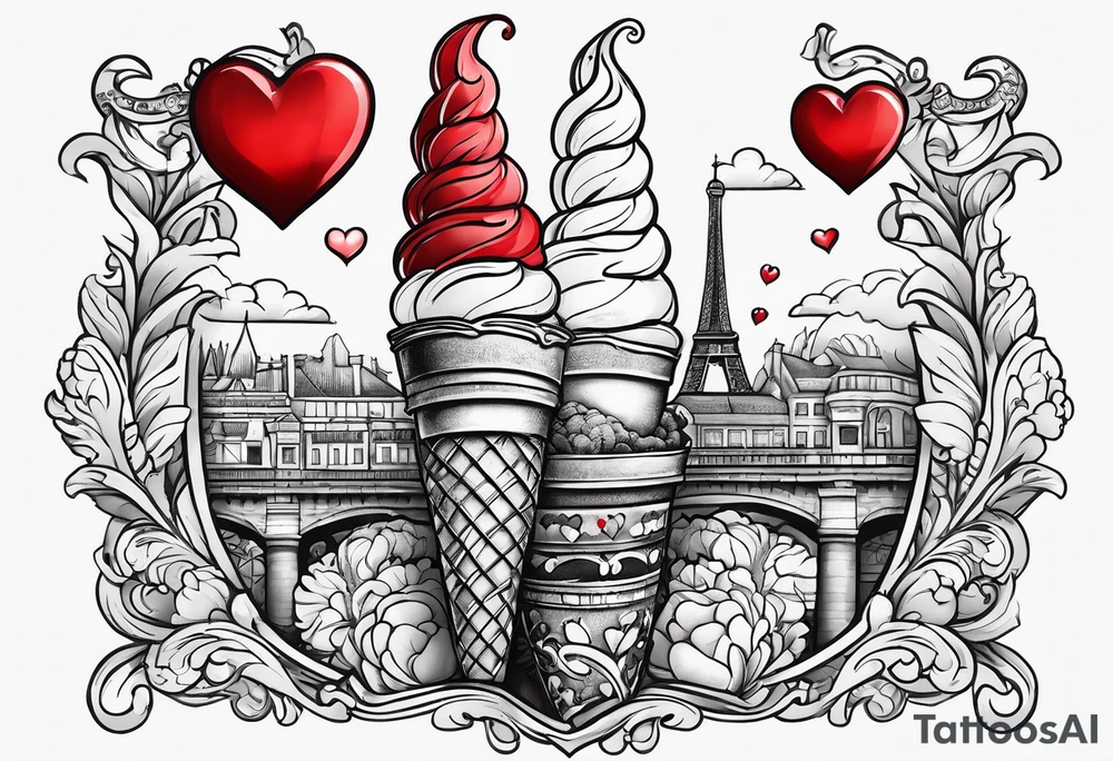 ice cream cone with small red heart on it somewhere while representing Paris tattoo idea ice cream cone with small red heart on it somewhere while representing Paris tattoo idea