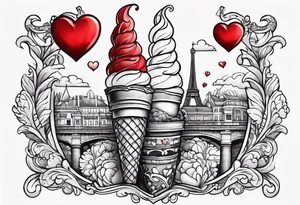 ice cream cone with small red heart on it somewhere while representing Paris tattoo idea