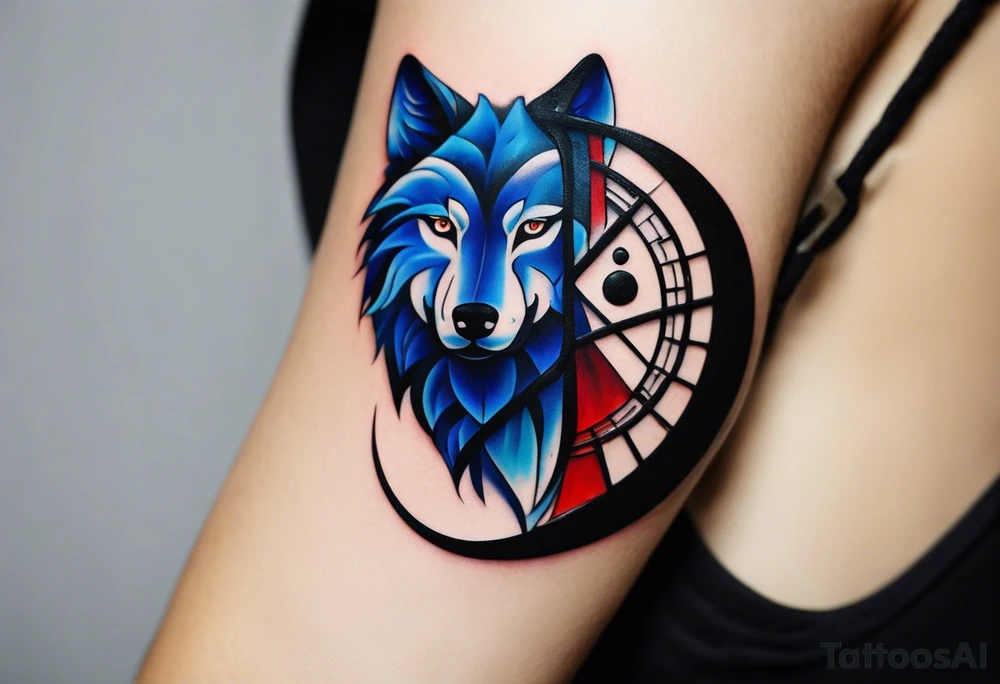 a tattoo whose main theme is balance but also resembles new begining, strong willpower, peace and loyalty. This should be for the front part of the shoulder. maybe add the ying-yang symbol somewhere in the tattoo. Tattoo should have an equal amount of blue and red along with the overall tattoo being black. In corporate a wolf into the tattoo, make sure it resembles ing and yang. wolf needs to look dangerous tattoo idea