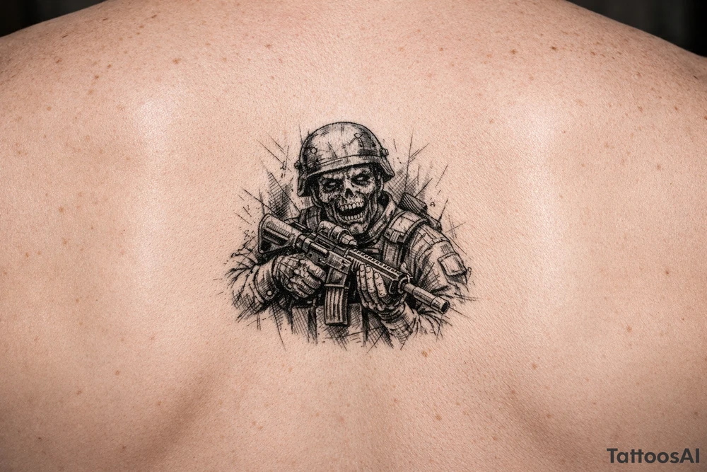 zombie in soldier-outfit,assault-rifle. tattoo idea