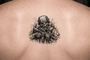 zombie in soldier-outfit,assault-rifle. tattoo idea