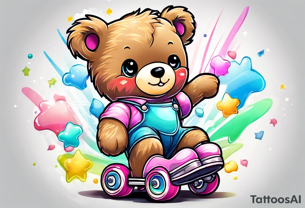 a teddy bear wearing cute, pastel rainbow rollerskates tattoo idea