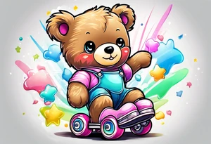 a teddy bear wearing cute, pastel rainbow rollerskates tattoo idea