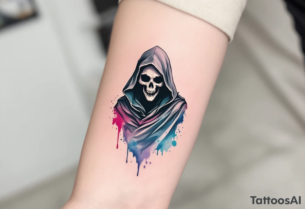 A watercolor-style Grim Reaper with splashes of red, blue, and violet fading from his cloak. tattoo idea