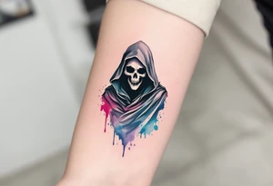A watercolor-style Grim Reaper with splashes of red, blue, and violet fading from his cloak. tattoo idea