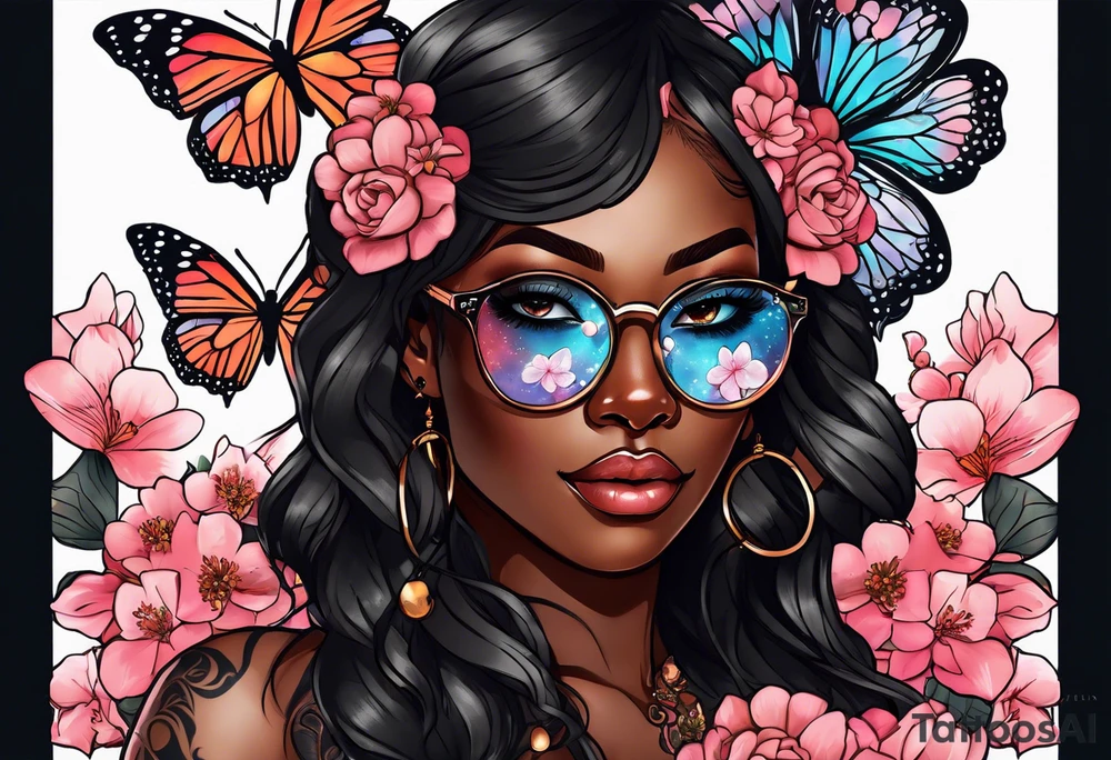 Black dark-skinned Female with glasses with butterflies and sakura blossoms around her with the lettering " Nisha " Underneath. tattoo idea