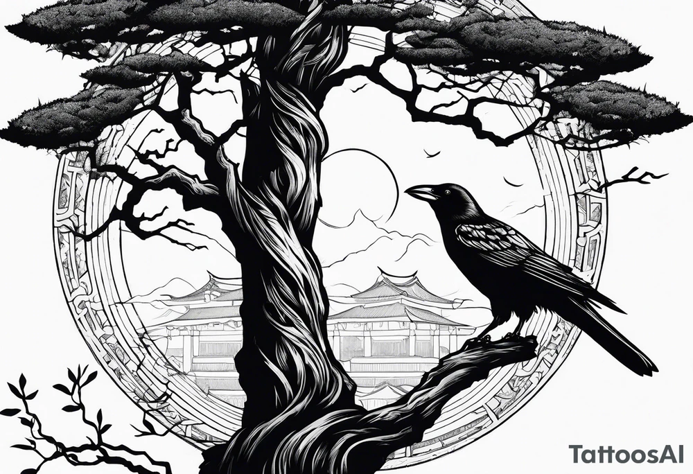 Crow moon tree Roman column ruins tattoo idea