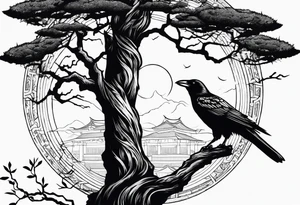 Crow moon tree Roman column ruins tattoo idea