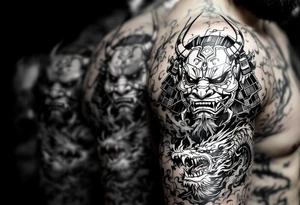 Japanese style with an oni mask, dragon and samurai warrior tattoo idea