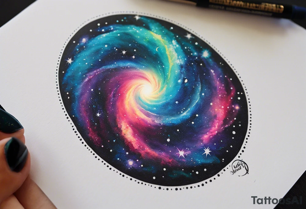 I want a spiral nebula space galaxy tattoo that's colorful and bright and cute and is nice to look at I don't want a traditional circle I want it like the ones thay look like an s shape and this tattoo will be on my left buttcheek and light colors I want more spread and less circle tattoo idea