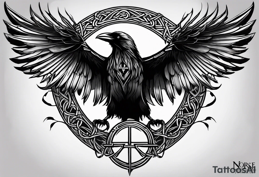 Black and white odins raven in a Norse rune style for placement on the neck with the ravens wings going up the sides of the neck. Norse knots and runes throughout tattoo idea