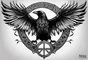 Black and white odins raven in a Norse rune style for placement on the neck with the ravens wings going up the sides of the neck. Norse knots and runes throughout tattoo idea