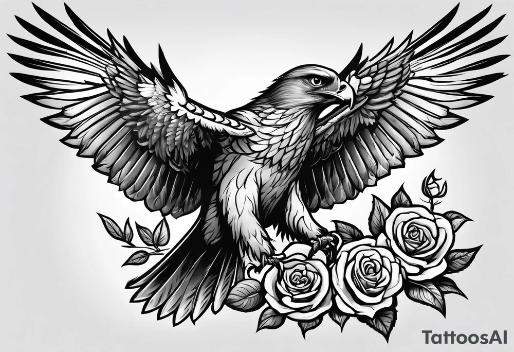 Hawk with rose in mouth flying down on a grave tattoo idea