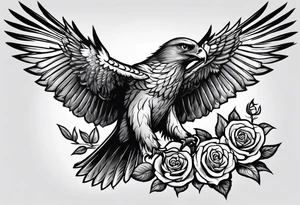 Hawk with rose in mouth flying down on a grave tattoo idea