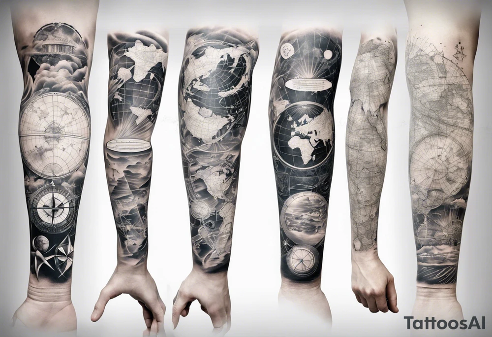 full arm tattoo for man with images of maps and travel and science tattoo idea