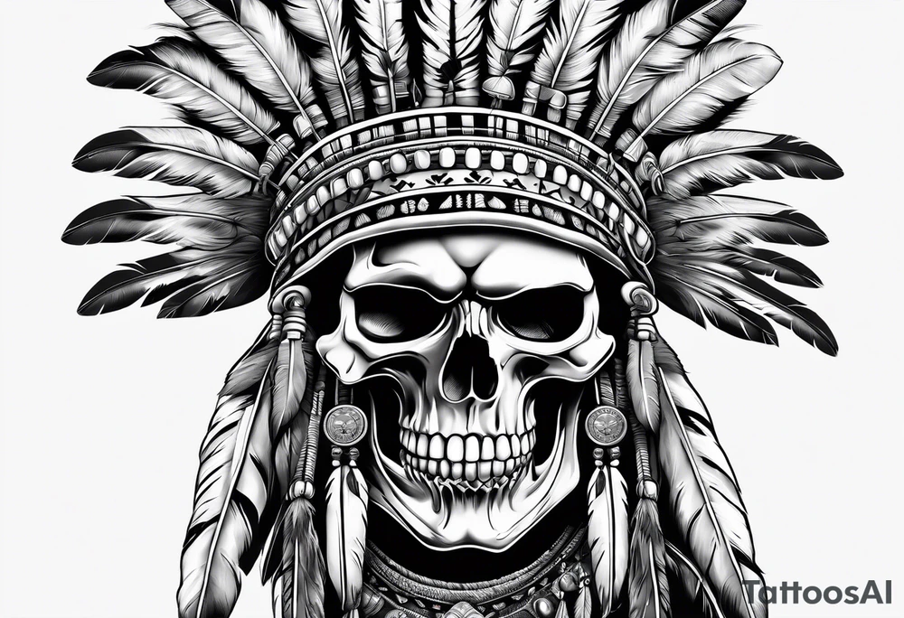 Native American war chief skull with bonnet tattoo idea