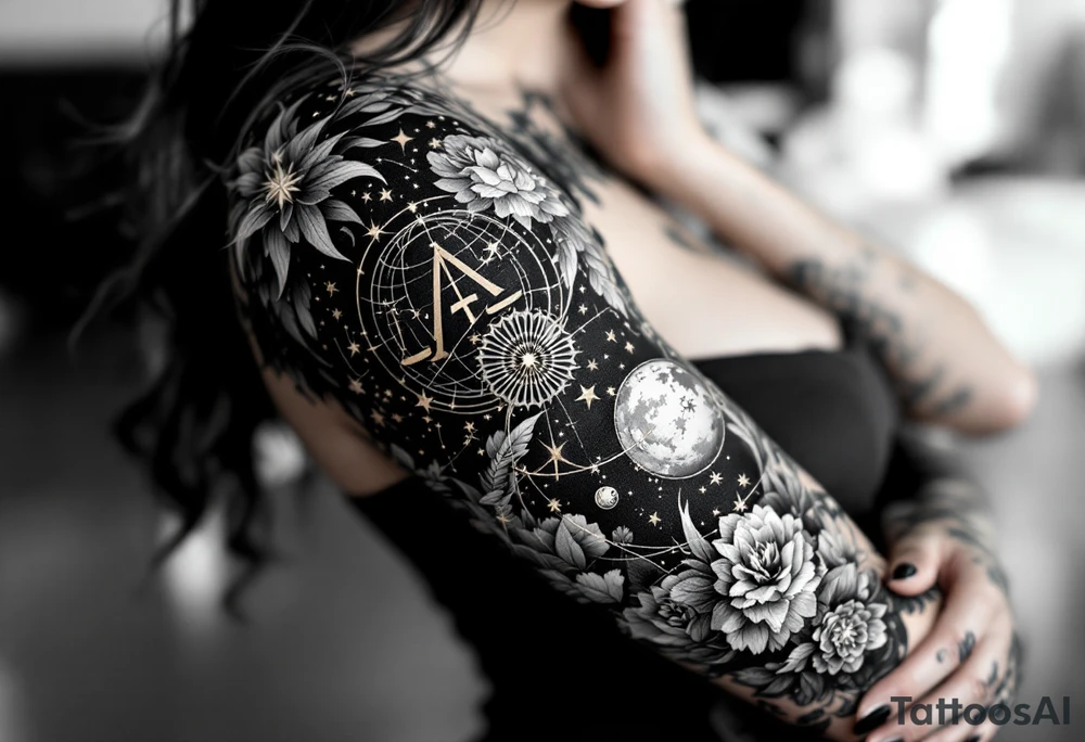 A realistic celestial globe in grayscale features the Libra symbol and Libra star constellation accented with golden stars. tattoo idea