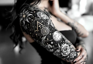 A realistic celestial globe in grayscale features the Libra symbol and Libra star constellation accented with golden stars. tattoo idea