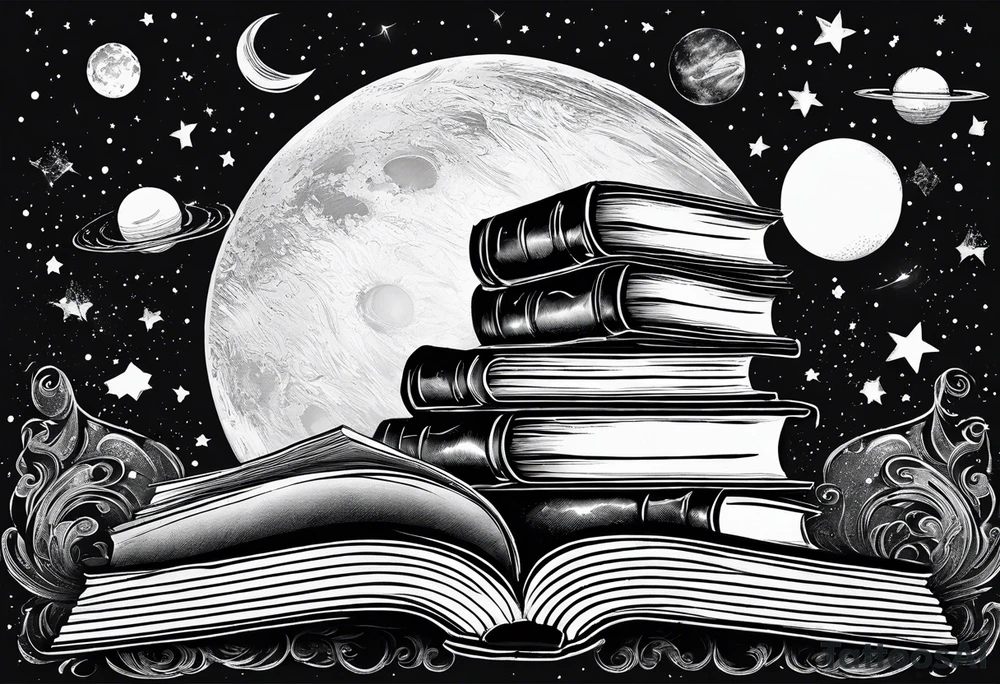Stack of books with a universe sky and moons, the top book is open and has things coming alive from it tattoo idea