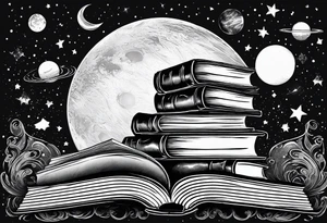 Stack of books with a universe sky and moons, the top book is open and has things coming alive from it tattoo idea