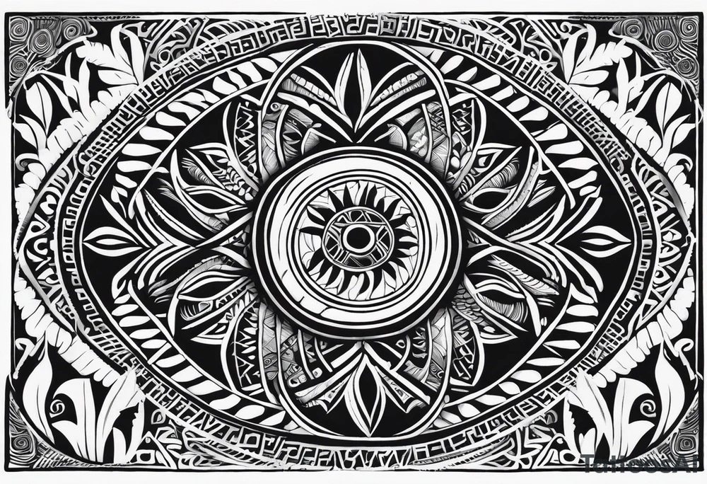 Tatouage ornement noir et blanc. Forme géométrique en longueur avec quelques petit signes aborigène australiens désignant les kangourous et la vie. Puis dessiner un soleil, des vagues. Ainsi que  des feuilles provenant d’Australie et de  Bali. Lignes très fines. tattoo idea
