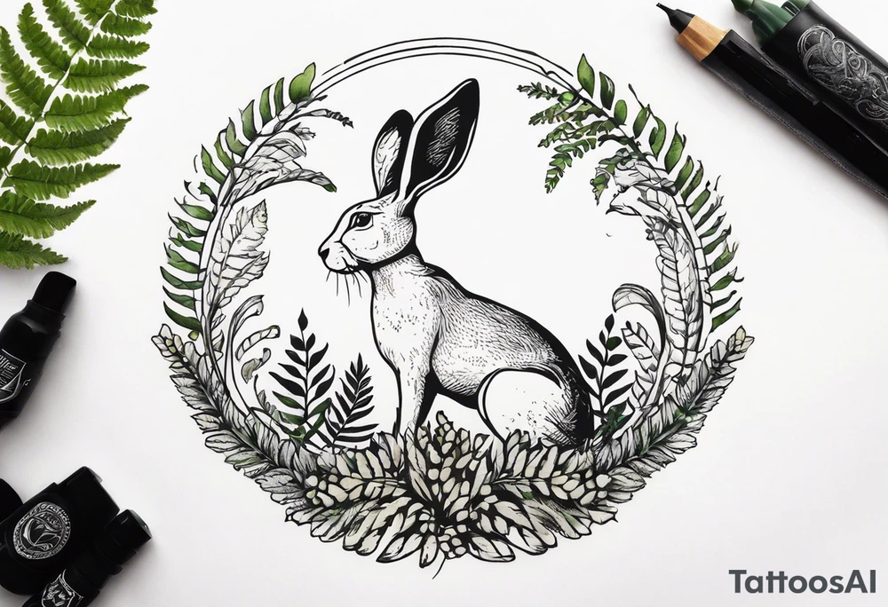 Base Design: circular for upper arm / shoulder. 

Include:
LOVE
ferns
two hares boxing tattoo idea