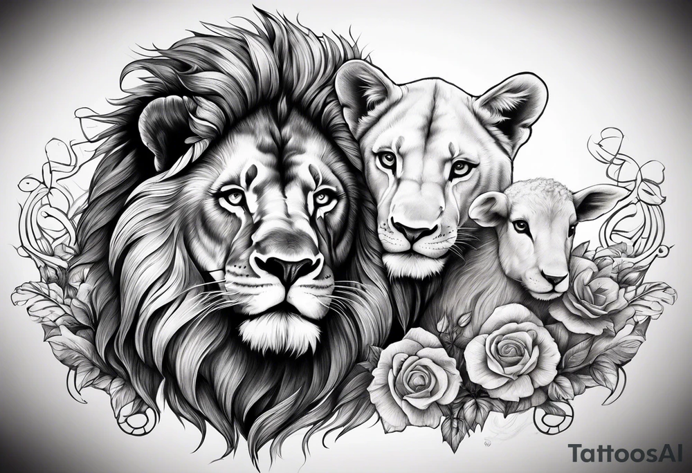 Lion and a lamb with a cross arm sleeve tattoo idea