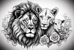Lion and a lamb with a cross arm sleeve tattoo idea