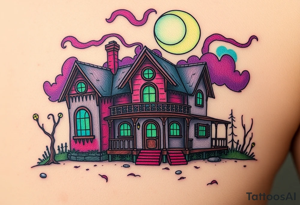 Tim Burton’s haunted pastel beach home is abandoned and dripping with muted reds, dusty pinks, and eerie green glow.purple and cyan smokey clouds swirl in the crescent moonlit sky thats sprinkled with stars tattoo idea tattoo idea