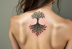 A tree of life in earthy greens and browns with roots shaped like tiny hands honors the grounding strength of motherhood. tattoo idea