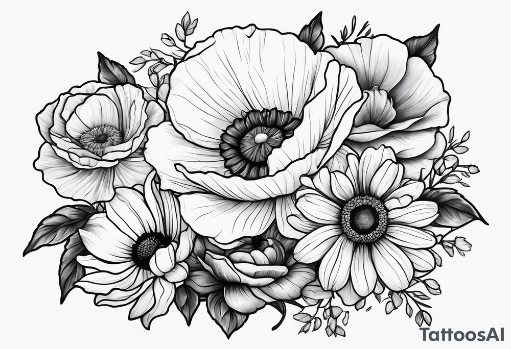 One poppy one rose two daisies tattoo idea