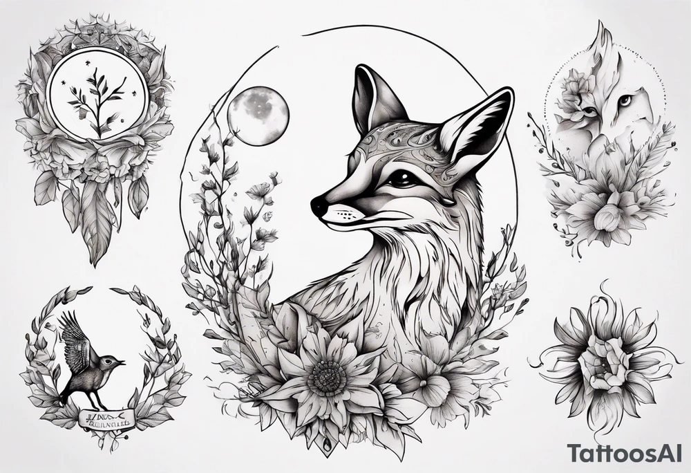 wasser sonne und mond fuchs eule kolibri wald hirsch blume des lebens tattoo idea