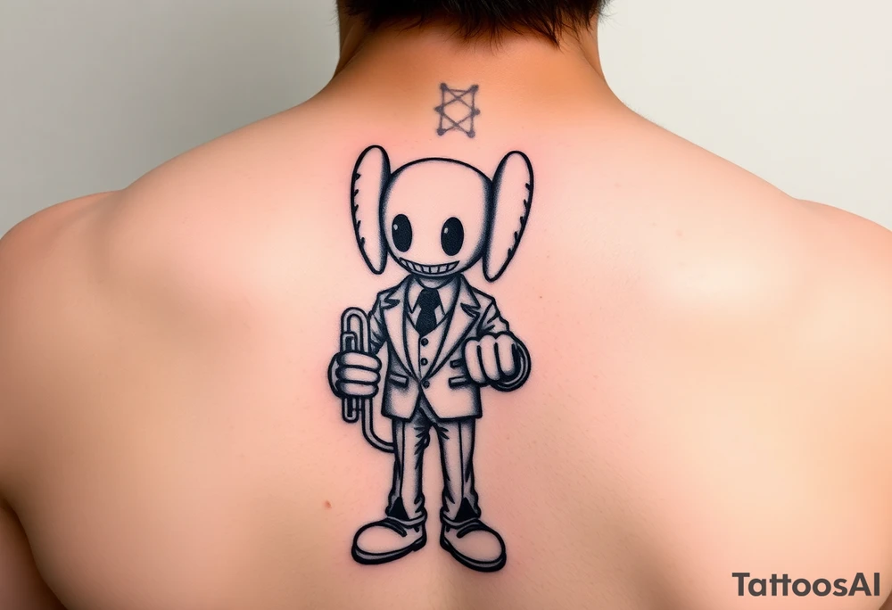 kaws figure wearing Jim Hill High School suit holding a mellophone tattoo idea