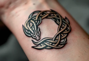 Ouroboros in Celtic Style (Snake Eating Tail)
Circular snake made of knots devouring its tail, symbolizing eternity. Inked in dark green and oxidized bronze. tattoo idea