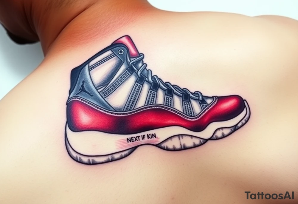 Create a shoe that is like a Jordan 11 but have very similar features and have it say “next of kin”on the sides of the shoe tattoo idea