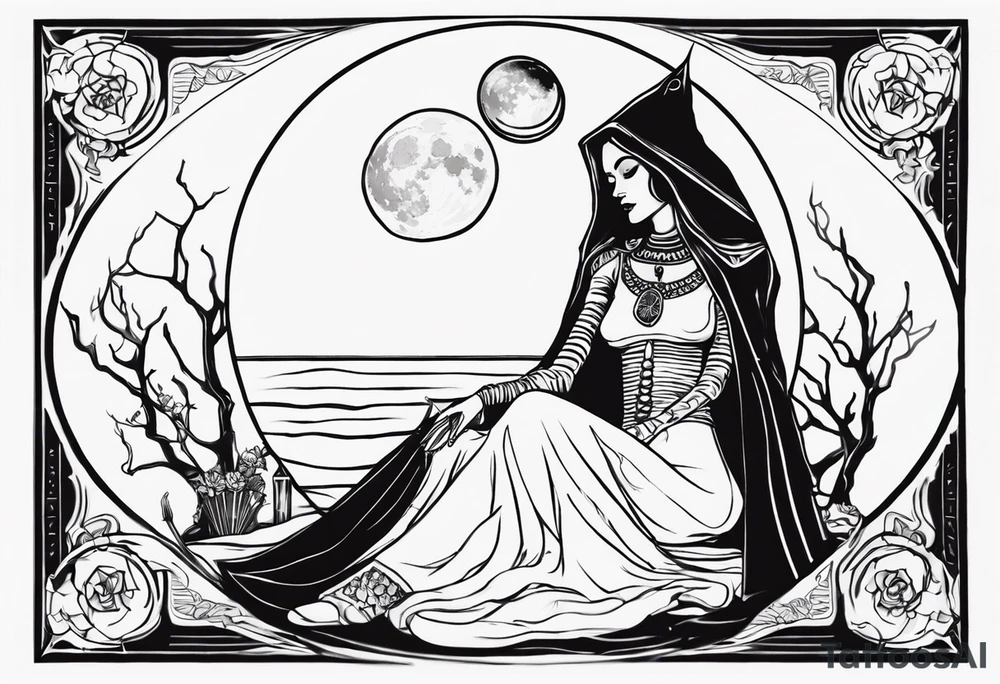 High priestess as a skeleton with moon tarot card tattoo idea